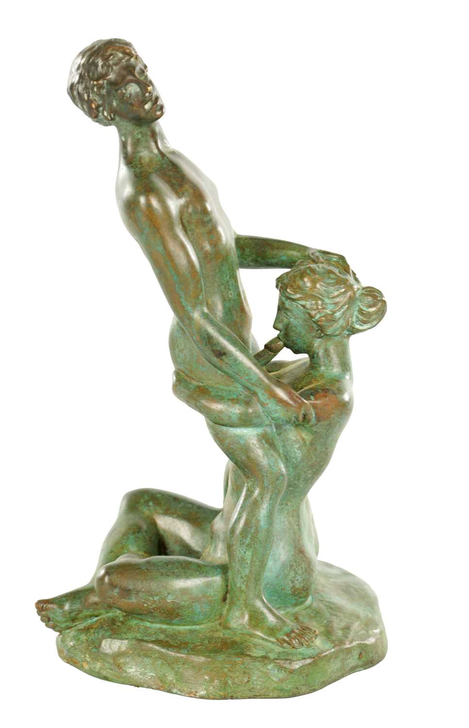 Lot 620 - A 20TH CENTURY FRENCH GREEN-PATINATED EROTIC BRONZE SCULPTURE