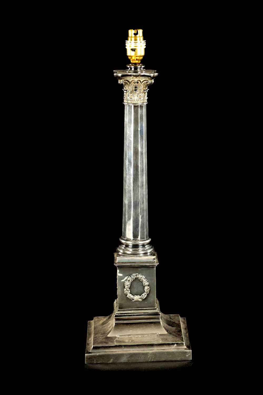 Lot 436 - A 19TH CENTURY SILVER-PLATED CORINTHIAN COLUMN TABLE LAMP