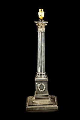 Lot A 19TH CENTURY SILVER-PLATED CORINTHIAN COLUMN TABLE LAMP