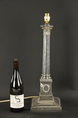 Lot 436 - A 19TH CENTURY SILVER-PLATED CORINTHIAN COLUMN TABLE LAMP