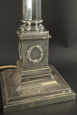 Lot 436 - A 19TH CENTURY SILVER-PLATED CORINTHIAN COLUMN TABLE LAMP