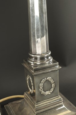 Lot 436 - A 19TH CENTURY SILVER-PLATED CORINTHIAN COLUMN TABLE LAMP
