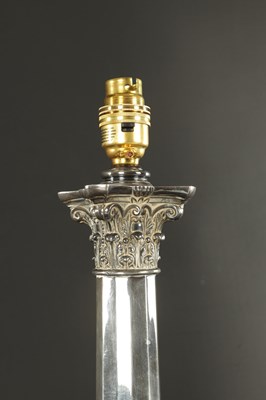 Lot 436 - A 19TH CENTURY SILVER-PLATED CORINTHIAN COLUMN TABLE LAMP