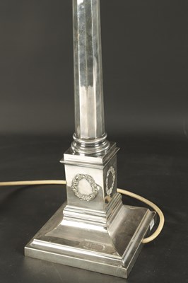 Lot 436 - A 19TH CENTURY SILVER-PLATED CORINTHIAN COLUMN TABLE LAMP