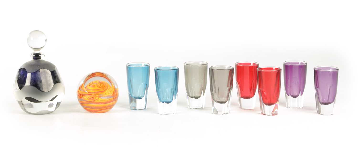 Lot 7 - A JANE CHARLES GLASS PERFUME BOTTLE, A JUPITER GLASS PAPERWEIGHT, AND A SET OF EIGHT WATERFORD CRYSTAL SHOT GLASSES
