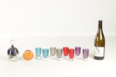 Lot 7 - A JANE CHARLES GLASS PERFUME BOTTLE, A JUPITER GLASS PAPERWEIGHT, AND A SET OF EIGHT WATERFORD CRYSTAL SHOT GLASSES