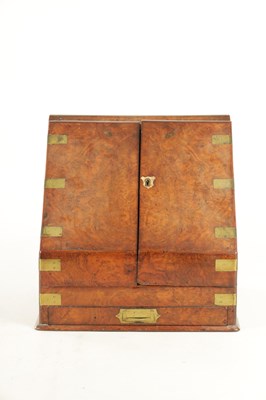 Lot 933 - A 19TH CENTURY BRASS BOUND FIGURED WALNUT STATIONARY CABINET