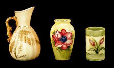 Lot TWO MOORCROFT VASES AND A BLUSH IVORY ROYAL WORCESTER JUG