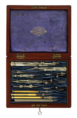 Lot 559 - ROBSON, NEWCASTLE ON TYNE. A 19TH CENTURY BRASS BOUND MAHOGANY CASED SET OF DRAWING INSTRUMENTS