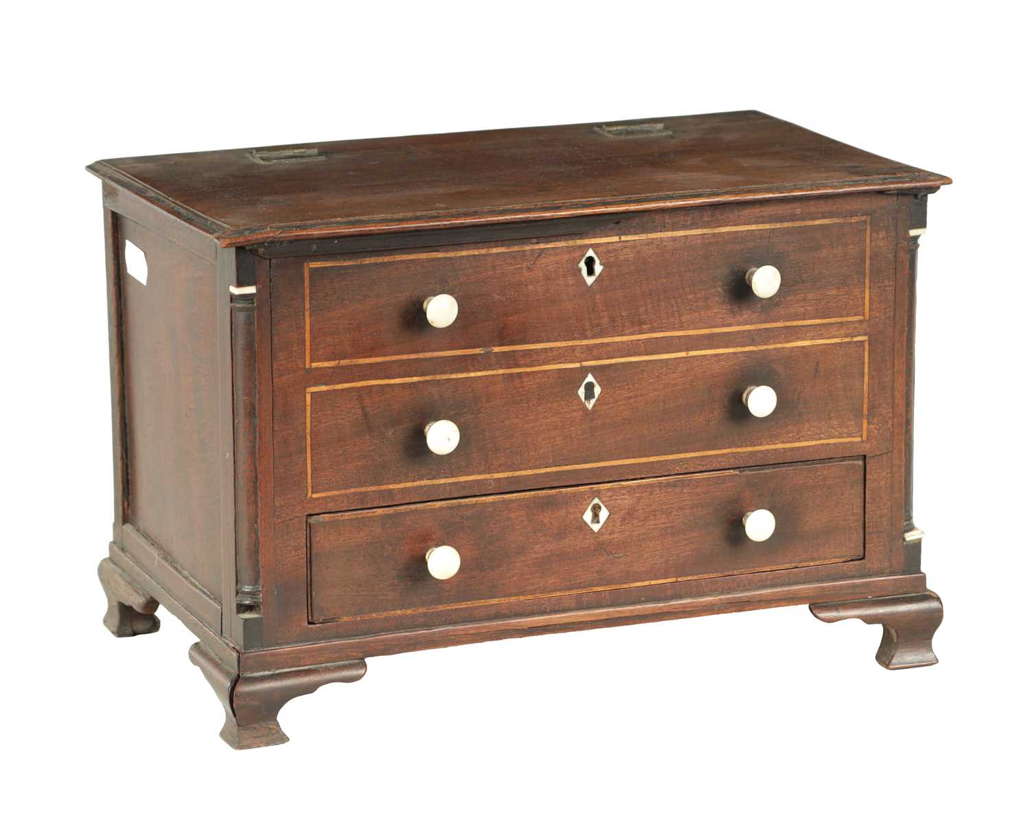 Lot 932 - A 19TH CENTURY MAHOGANY WORK BOX FORMED AS A MINIATURE CHEST