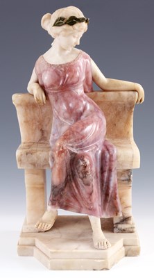 Lot 461 - AN ART NOUVEAU ALABASTER FIGURE OF A SEATED...