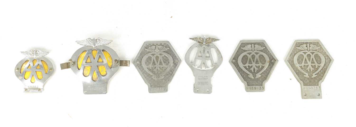 Lot 596 - A COLLECTION OF SIX AA AUTOMOBILE ASSOCIATION VINTAGE CAR BADGES