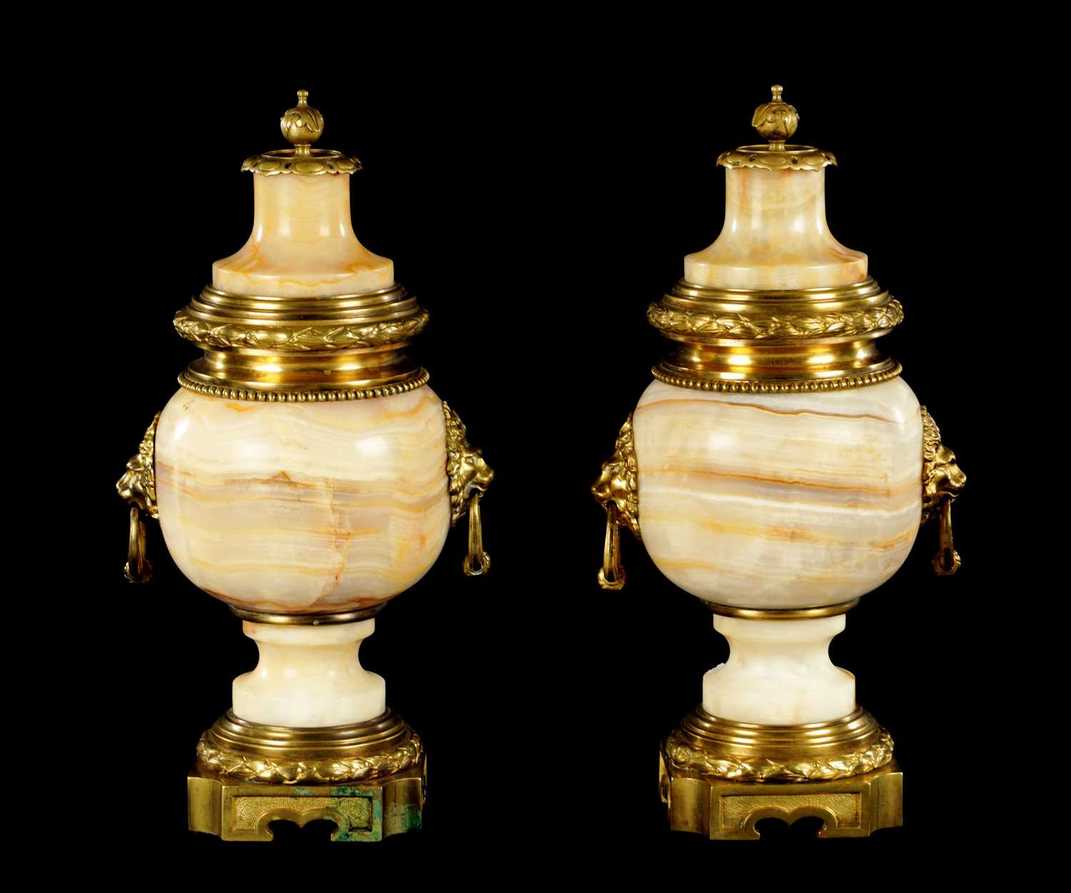 674 - A PAIR OF LATE 19TH CENTURY ONYX AND ORMOLU MOUNTED CASSOLETTES