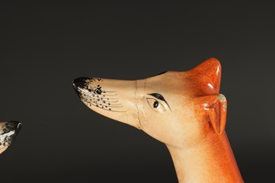 Lot 99 - A GOOD PAIR OF 19TH CENTURY STAFFORDSHIRE GREY HOUNDS