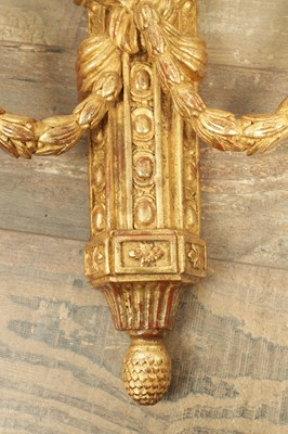 Lot 696 - A SET OF FOUR CARVED GILTWOOD ADAM STYLE HANGING WALL LIGHTS