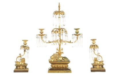 Lot 606 - A 19TH CENTURY FRENCH BRONZE AND ORMOLU THREE PIECE CANDELABRA GARNITURE