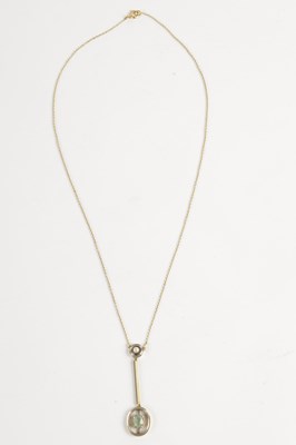 Lot 315 - A 15CT GOLD AQUAMARINE AND PEARL PENDANT NECKLACE