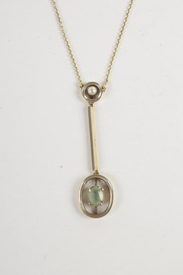 Lot 315 - A 15CT GOLD AQUAMARINE AND PEARL PENDANT NECKLACE