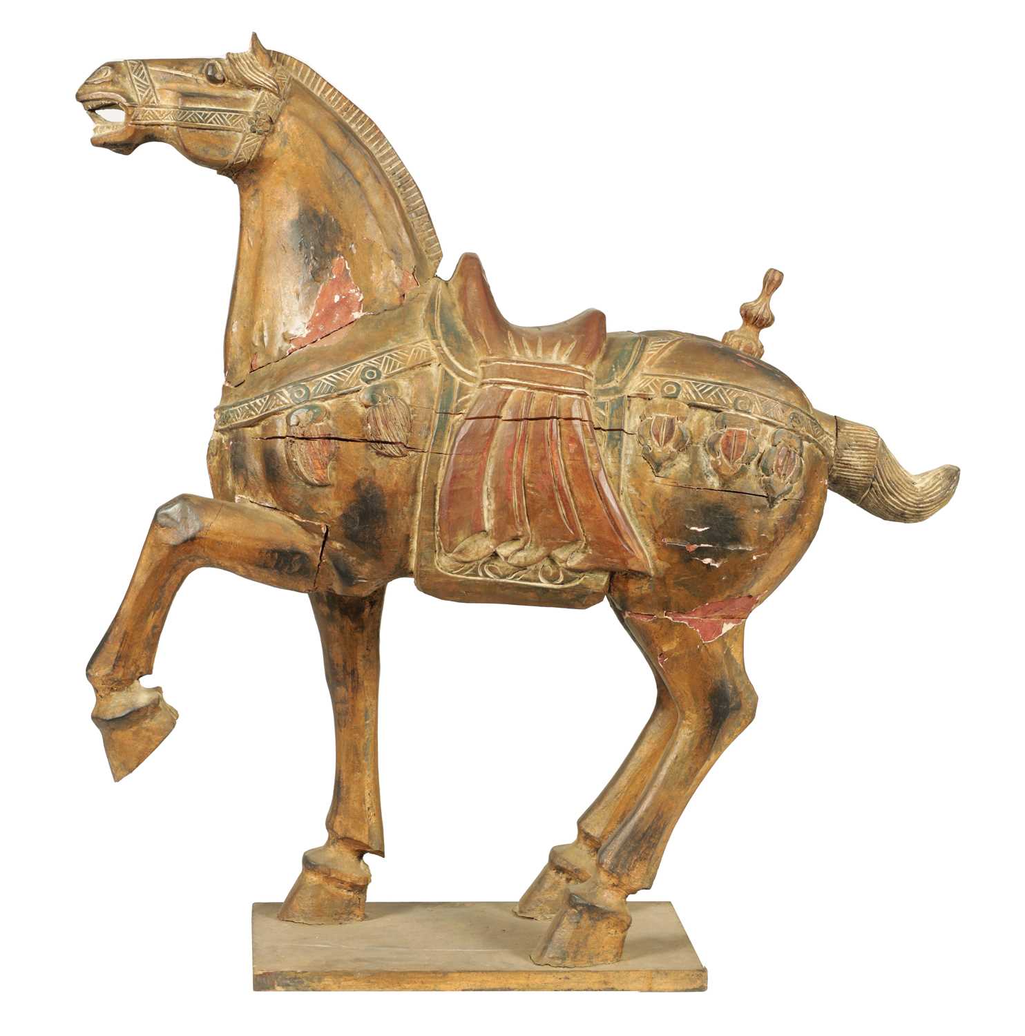 Lot 237 - A MID 19TH CENTURY CHINESE TANG DYNASTY STYLE POLYCHROME DECORATED CARVED SCULPTURE OF A HORSE