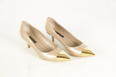 Lot 794 - A PAIR OF GENUINE LOUIS VUITTON BEIGE MONOGRAM VERNISSAGE ALLAMANDA CAP-TOE PUMPS
