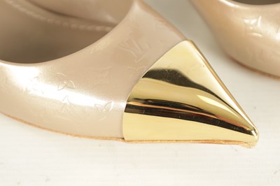 Lot 794 - A PAIR OF GENUINE LOUIS VUITTON BEIGE MONOGRAM VERNISSAGE ALLAMANDA CAP-TOE PUMPS