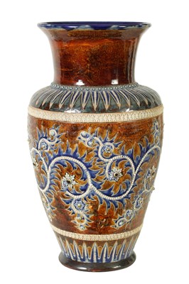 Lot 118 - AN IMPRESSIVE 19TH CENTURY DOULTON LAMBETH TAPERING SHOULDERED STONEWARE VASE BY GEORGE TINWORTH