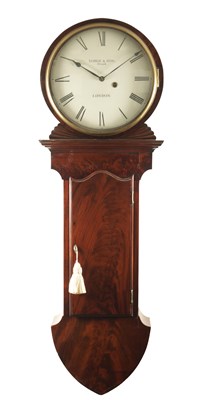 Lot 1198 - YONGE & SON, STRAND, LONDON. A GEORGE III FIGURED MAHOGANY TAVERN CLOCK