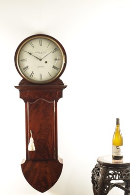 Lot 1198 - YONGE & SON, STRAND, LONDON. A GEORGE III FIGURED MAHOGANY TAVERN CLOCK