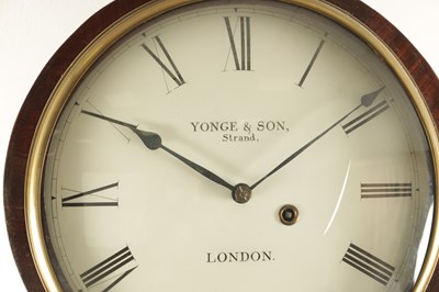 Lot 1198 - YONGE & SON, STRAND, LONDON. A GEORGE III FIGURED MAHOGANY TAVERN CLOCK