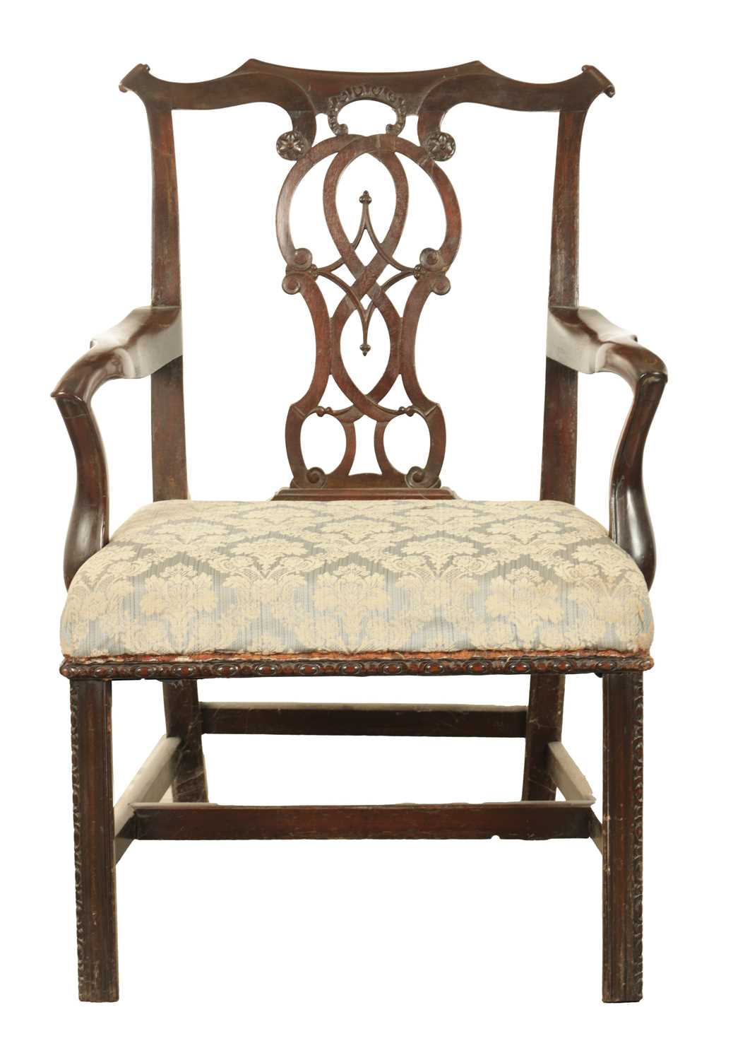 Lot 1278 - A GEORGE III MAHOGANY CHIPPENDALE STYLE OPEN ARMCHAIR