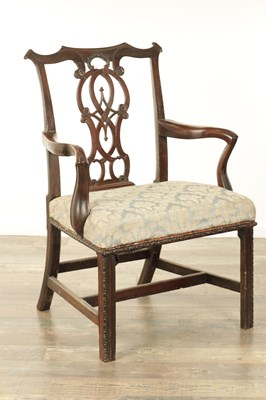 Lot 1278 - A GEORGE III MAHOGANY CHIPPENDALE STYLE OPEN ARMCHAIR