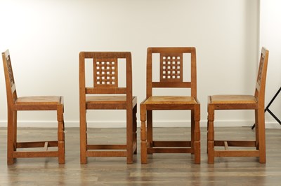 Lot 1259 - A SET OF FOUR ROBERT ‘MOUSEMAN’ THOMPSON AZED OAK LATTICE BACK DINING CHAIRS