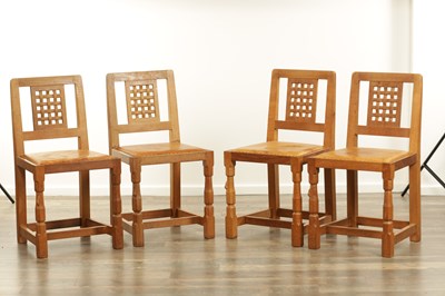 Lot 1259 - A SET OF FOUR ROBERT ‘MOUSEMAN’ THOMPSON AZED OAK LATTICE BACK DINING CHAIRS