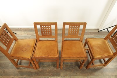 Lot 1259 - A SET OF FOUR ROBERT ‘MOUSEMAN’ THOMPSON AZED OAK LATTICE BACK DINING CHAIRS