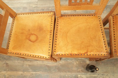 Lot 1259 - A SET OF FOUR ROBERT ‘MOUSEMAN’ THOMPSON AZED OAK LATTICE BACK DINING CHAIRS