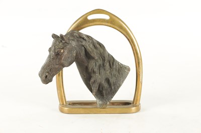 Lot 709 - A 19TH CENTURY FRENCH CAST BRONZE DOORSTOP FORMED AS A HORSE'S HEAD