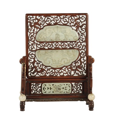 Lot 260 - A 19TH CENTURY CHINESE HARDWOOD AND CARVED JADE TABLE SCREEN