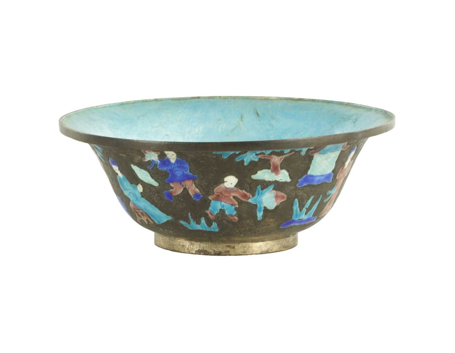 Lot 261 - A LATE 19TH CENTURY CHINESE SILVERED BRONZE AND ENAMEL BOWL