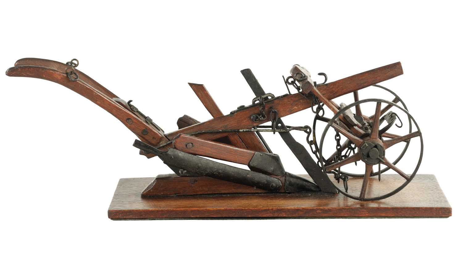 955 - A GOOD 19TH CENTURY OAK AND STEEL MODEL OF A HAND HELD PLOUGH