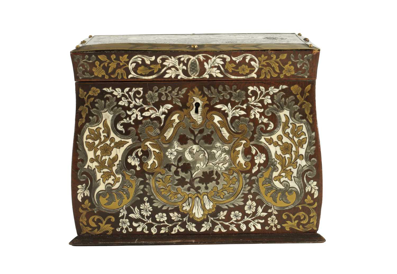 Lot 886 - A 19TH CENTURY FRENCH BRASS, PEWTER AND IVORY INLAID ROSEWOOD TOBACCO BOX