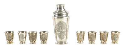 Lot 243 - AN EARLY 20TH CENTURY CHINESE SILVER METAL COCKTAIL SHAKER AND EIGHT SHOT GLASSES