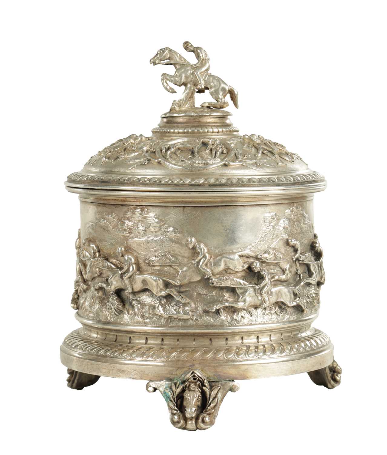 Lot 410 - A LARGE ELKINGTON & CO STYLE SILVER PLATE CIRCULAR CASKET DEPICTING HORSES AND HORSEMEN