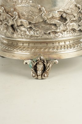 Lot 410 - A LARGE ELKINGTON & CO STYLE SILVER PLATE CIRCULAR CASKET DEPICTING HORSES AND HORSEMEN