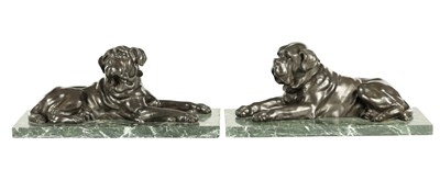 Lot 626 - A PAIR OF 19TH CENTURY FRENCH PATINATED BRONZE SCULPTURES OF BULL DOGS