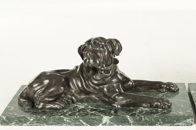 Lot 626 - A PAIR OF 19TH CENTURY FRENCH PATINATED BRONZE SCULPTURES OF BULL DOGS