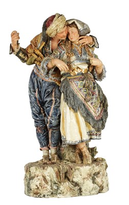 Lot 110 - A LATE 19TH CENTURY ITALIAN VIENNESE FAIENCE GOLDSHEIDER FIGURE GROUP OF LARGE SIZE