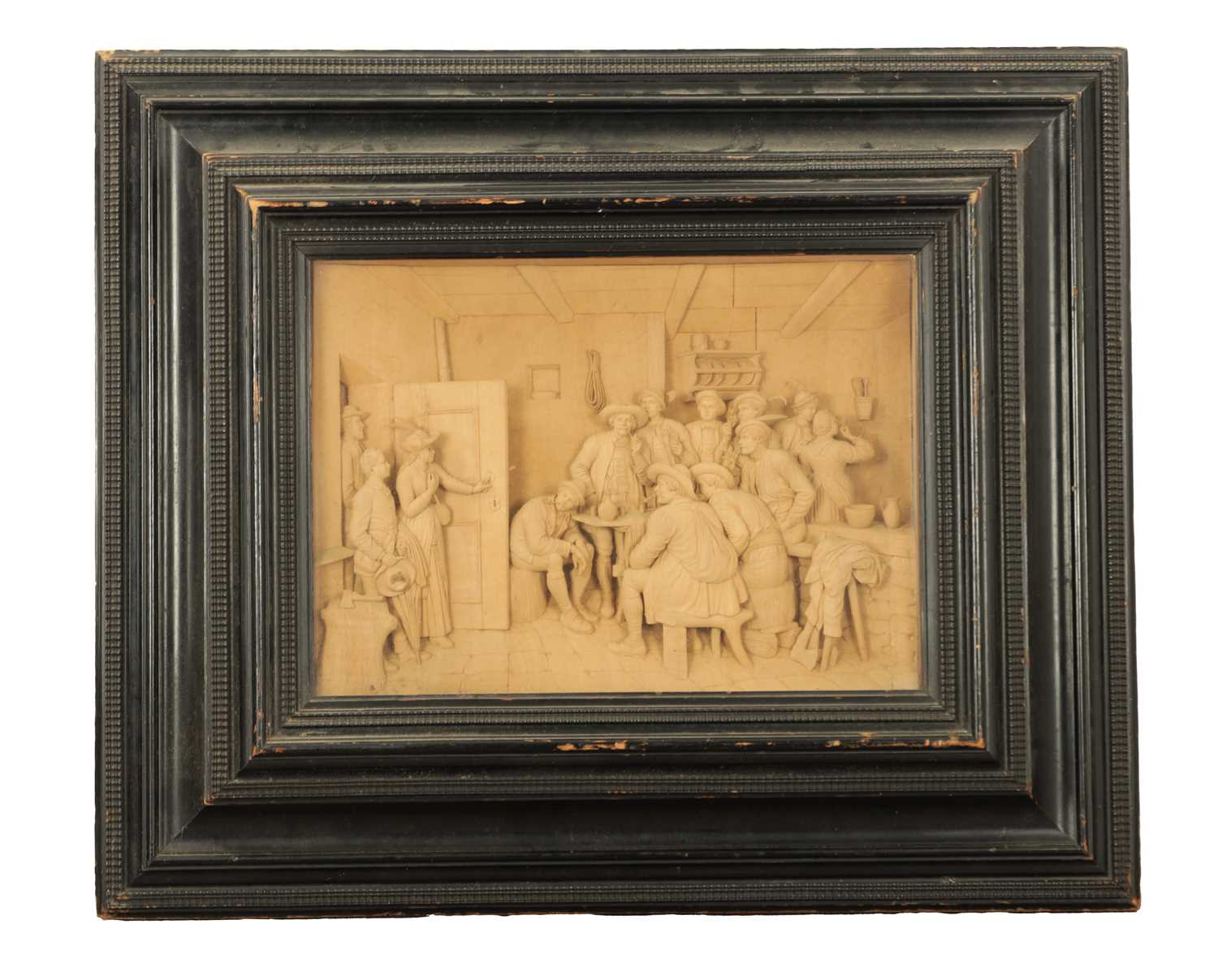 Lot 893 - A FINE EARLY 19TH CENTURY CONTINENTAL CARVED LIME WOOD TAVERN SCENE