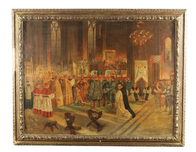 Lot 828 - GUSTAV PONTUS BAGGE (1839 - 1915). AN EARLY 20TH CENTURY OIL ON CANVAS depicting two”THE CORONATION OF VALDEMAR, KING OF SWEDEN”