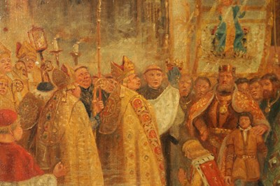 Lot 828 - GUSTAV PONTUS BAGGE (1839 - 1915). AN EARLY 20TH CENTURY OIL ON CANVAS depicting two”THE CORONATION OF VALDEMAR, KING OF SWEDEN”