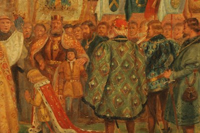 Lot 828 - GUSTAV PONTUS BAGGE (1839 - 1915). AN EARLY 20TH CENTURY OIL ON CANVAS depicting two”THE CORONATION OF VALDEMAR, KING OF SWEDEN”